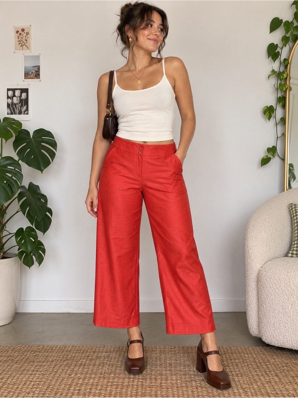 Babette Red Cropped Wide Leg Pants Size M Retro Y2K Trousers